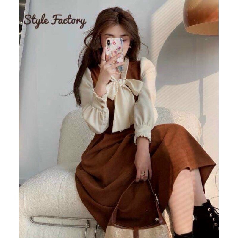 Đầm umi tay dài phối cổ trắng thắt nơ pnt shop
