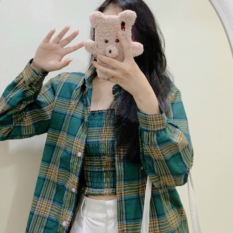 Sét áo sơ mi nữ áo ống unisex form rộng, áo sơ mi cổ vest, vải cao cấp hình thật 100%