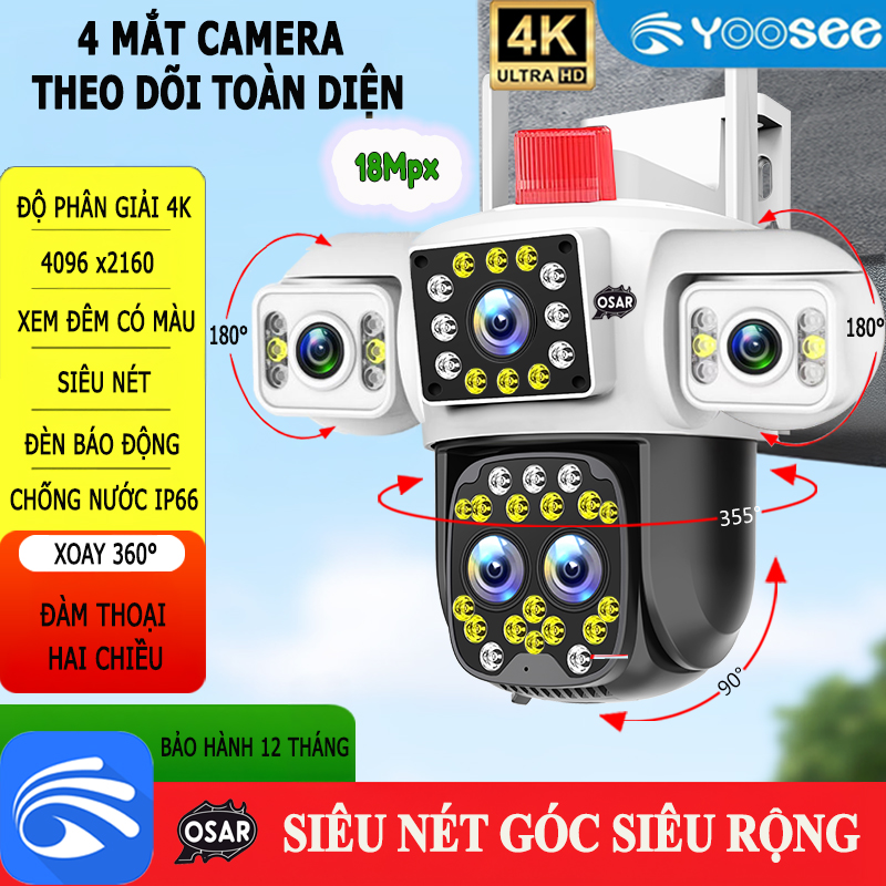 Camera IP Wifi YooSee PTZ 4 MẮT 18MPX, 4K(4096x2160), Xem 3 Màn Hình Cùng Lúc, Zoom 15X,  Chống Nước, Xem Đêm Có Màu, Góc Siêu Rộng (cam hopeway là cam 3 mắt ở phần phân loại hàng)