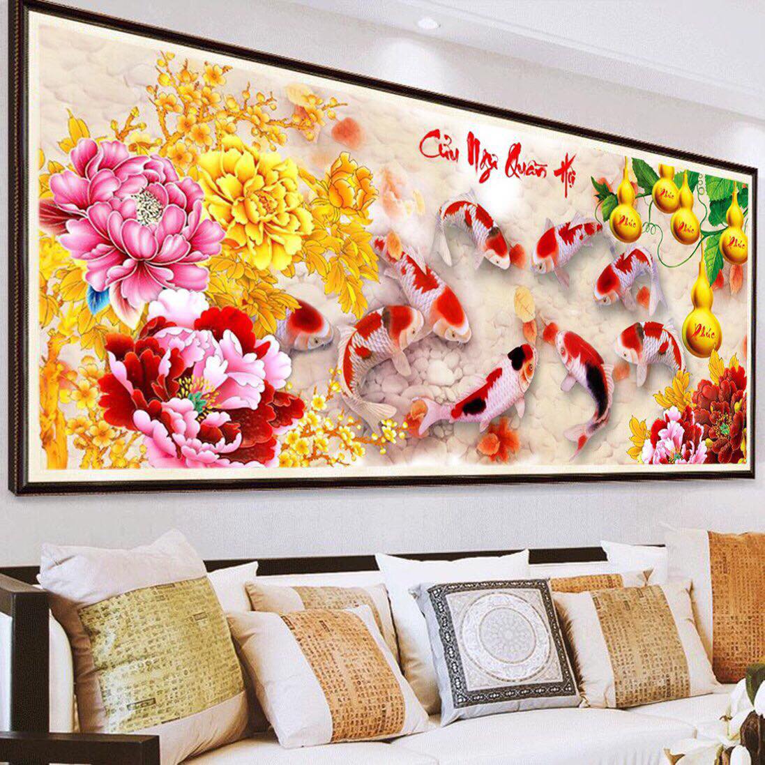 Tranh đính đá 5D cao cấp Cửu Ngư Quần Hội  - tranh chưa đính đá