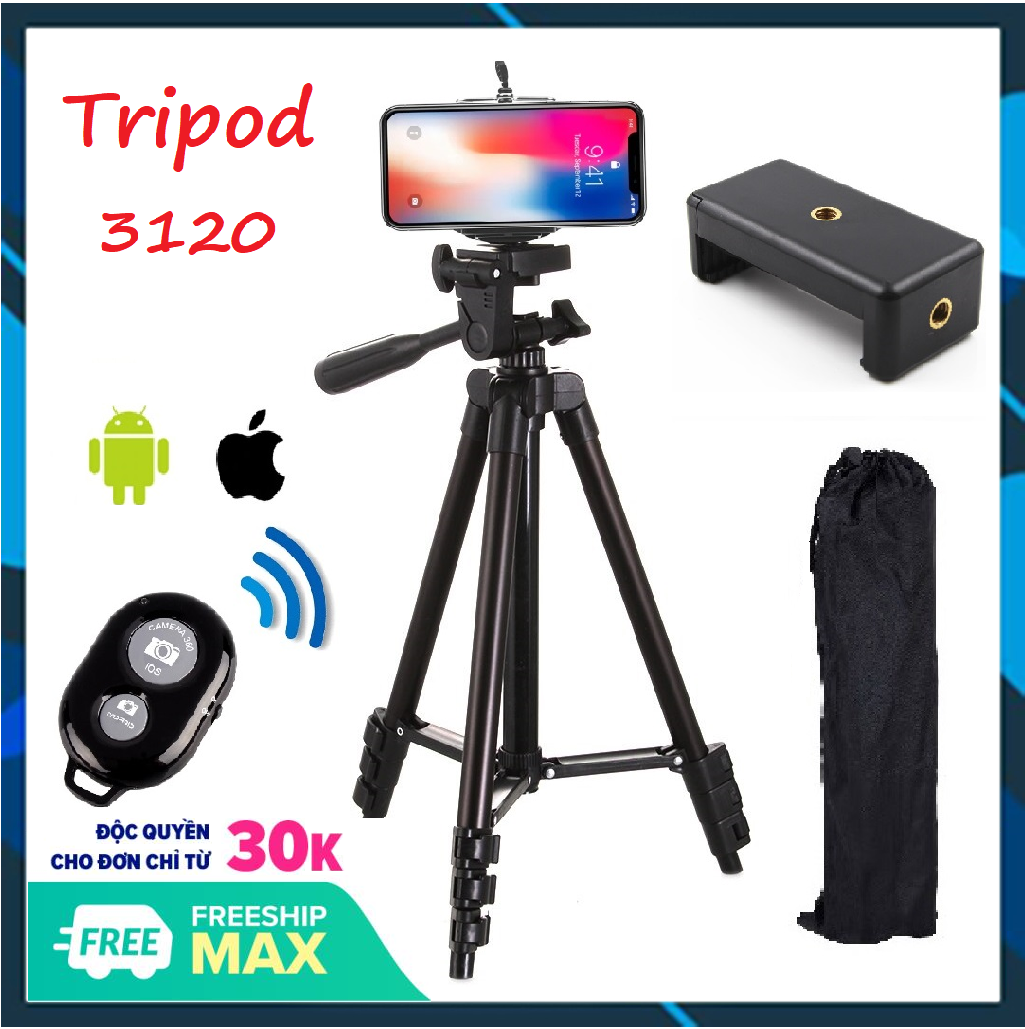 ⚡⚡ [HOT SALE] ✔️FREESHIP✔️ Chân đế chụp hình Tripod 3120 (Đen) + Tặng 1 Remote chụp hình Bluetooth + 1 Gá kẹp điện thoại loại 002 FUNO