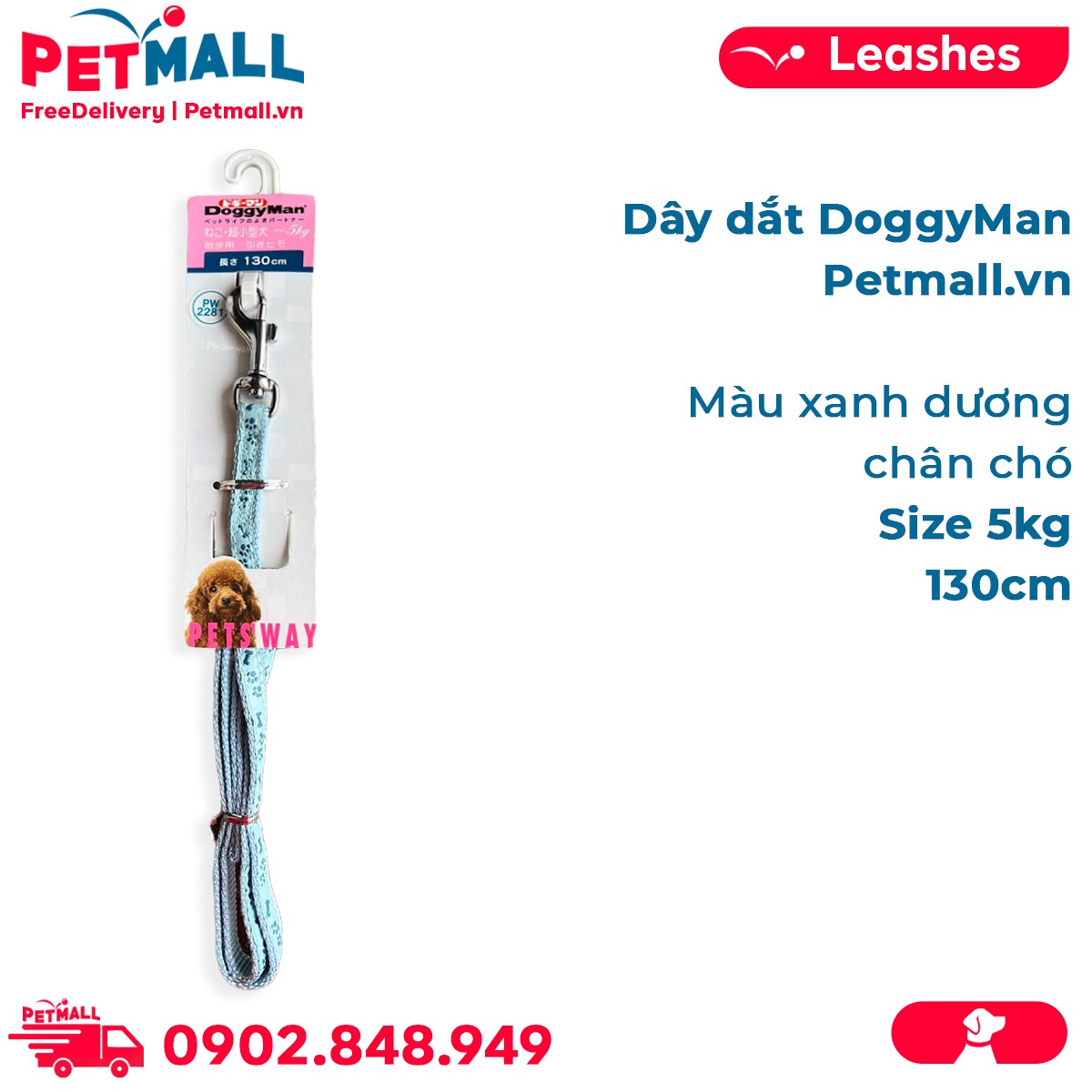 Dây dắt DoggyMan Size 5kg | 130cm - Màu xanh dương chân chó Petmall