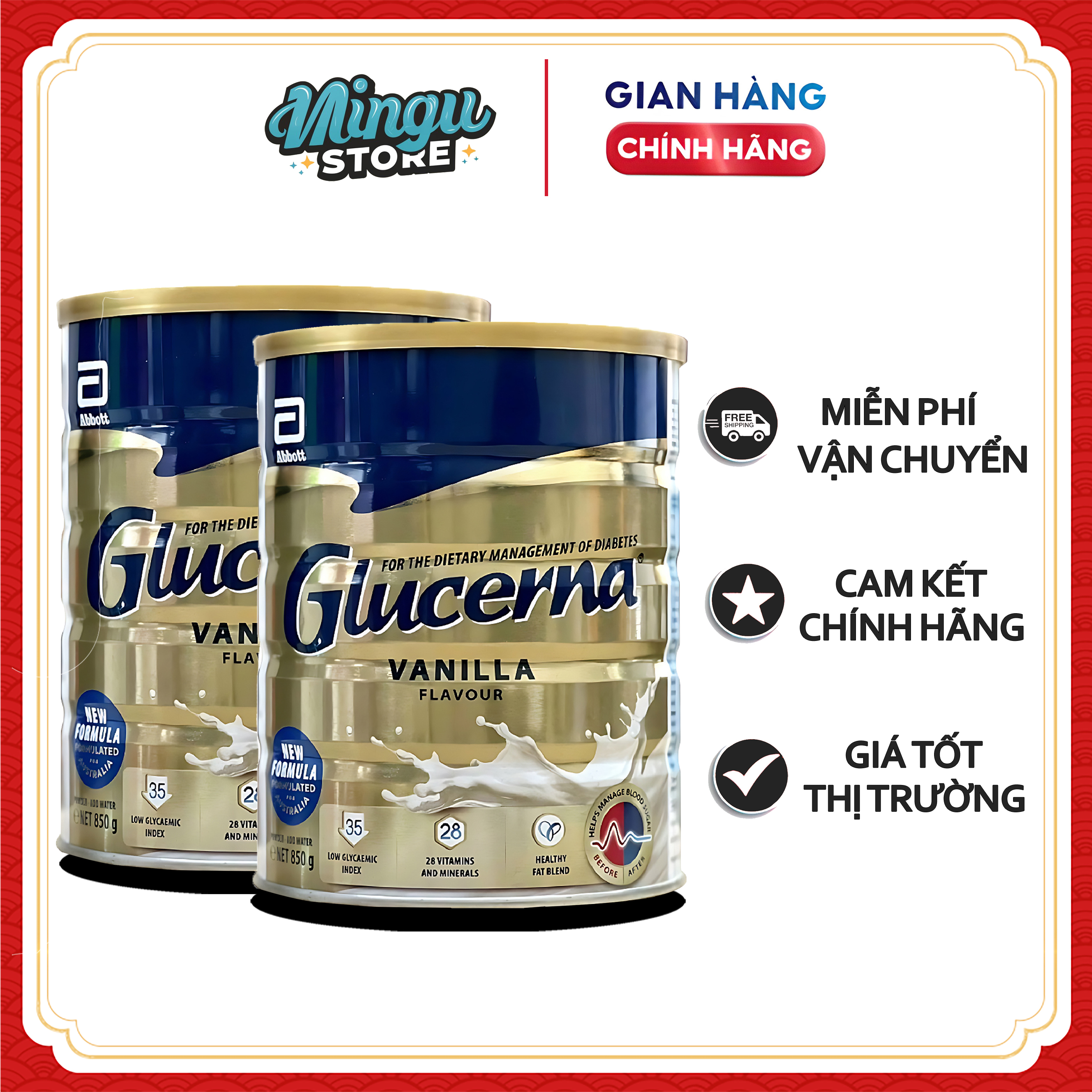 Combo 2 Hộp sữa bột Glucerna Úc Hương Vanilla 850g dành cho người tiểu đường