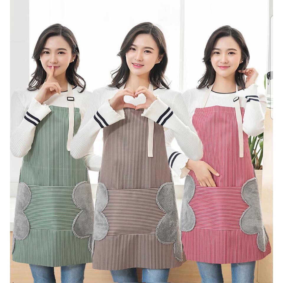 Tạp dề nấu ăn chống nước nhà bếp họa tiết kẻ hoa nhiều màu có khăn lau tay bên hông tiện dụng