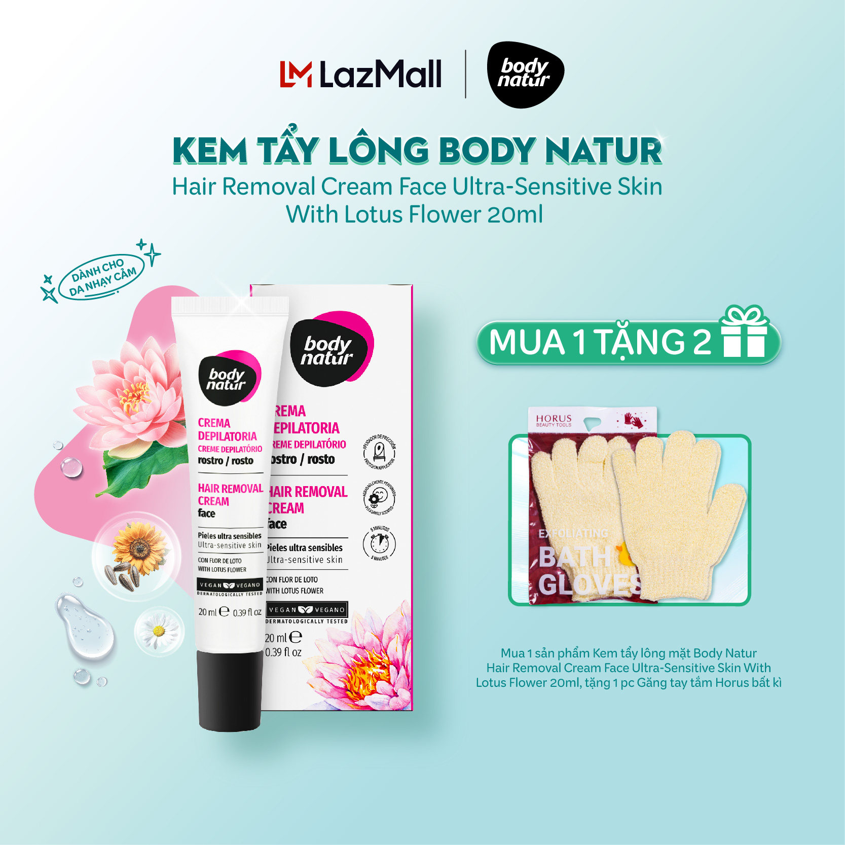 Kem Tẩy Lông mặt Body Natur Hair Removal Cream Face Ultra-Sensitive Skin With Lotus Flower 20ml