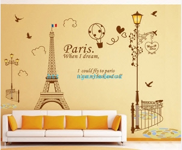 Combo 2 decal tháp paris và cột đèn nâu có keo sẵn binbin pk470