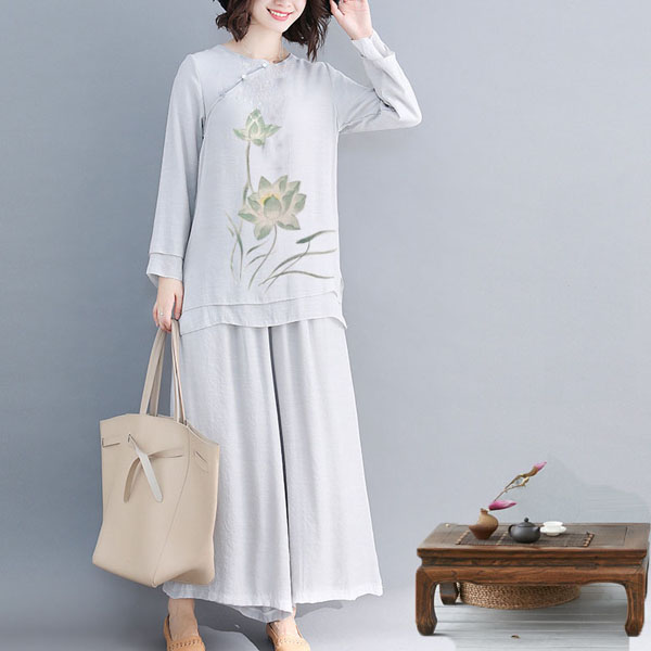 Quần áo đi chùa nữ, đồ ngồi thiền, tập yoga vải đũi mềm 2 lớp cổ tròn lam nhạt Thiền Chay