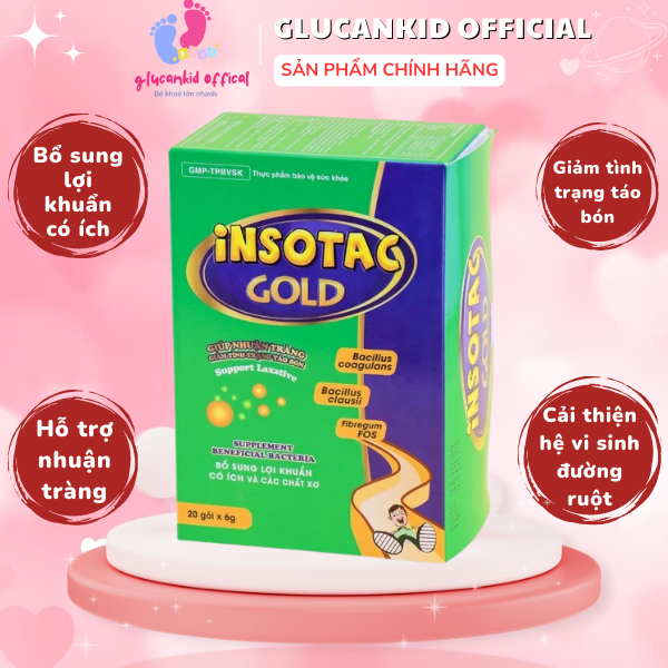 Bột lợi khuẩn Insotac Gold hộp 20 gói - Bổ sung lợi khuẩn, giảm táo bón cho người lớn và trẻ nhỏ - Glucankid
