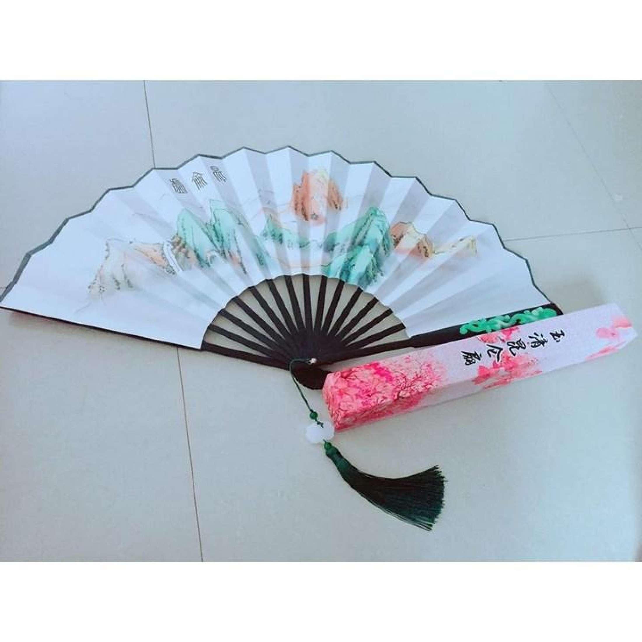 Quạt ngọc thanh côn luân phiến bản lụa kèm hộp quạt tam sinh tam thế