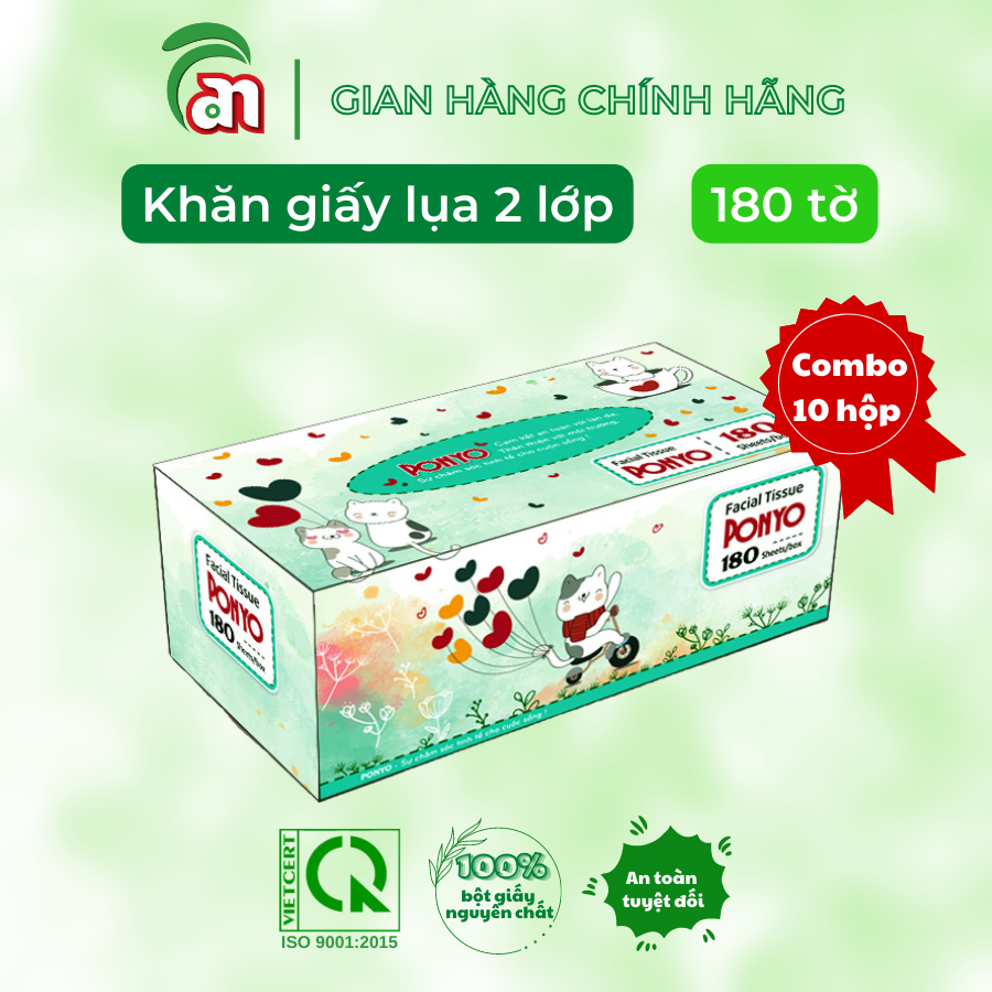 Combo 10 hộp khăn giấy lụa - khăn giấy lau mặt cao cấp, mịn, không bụi ponyo 2 lớp 180 tờ - thiên an nam paper