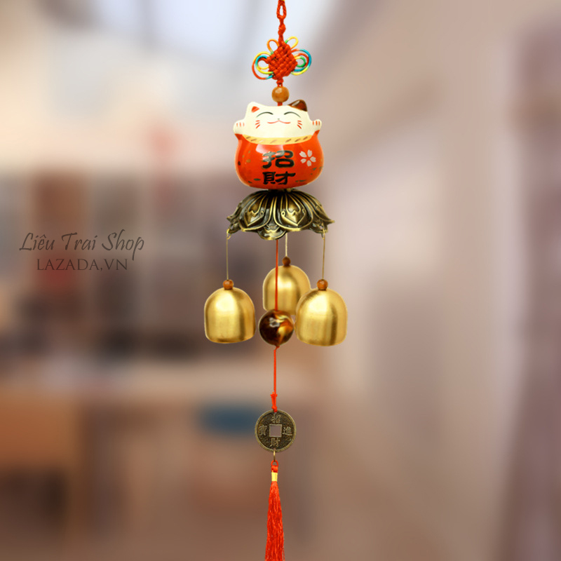 Chuông gió đồng hình mèo may mắn Maneki-Neko phong thủy phong cách Nhật Bản