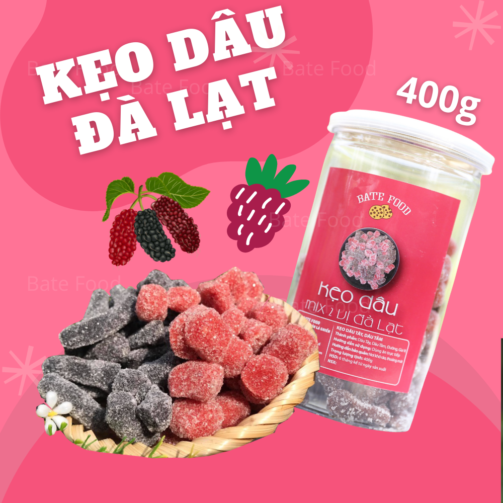 Kẹo dâu đà lạt 2 vị 400gr chua chua ngọt ngọt i ăn vặt bate food, mứt dâu tây dâu tằm đà lạt