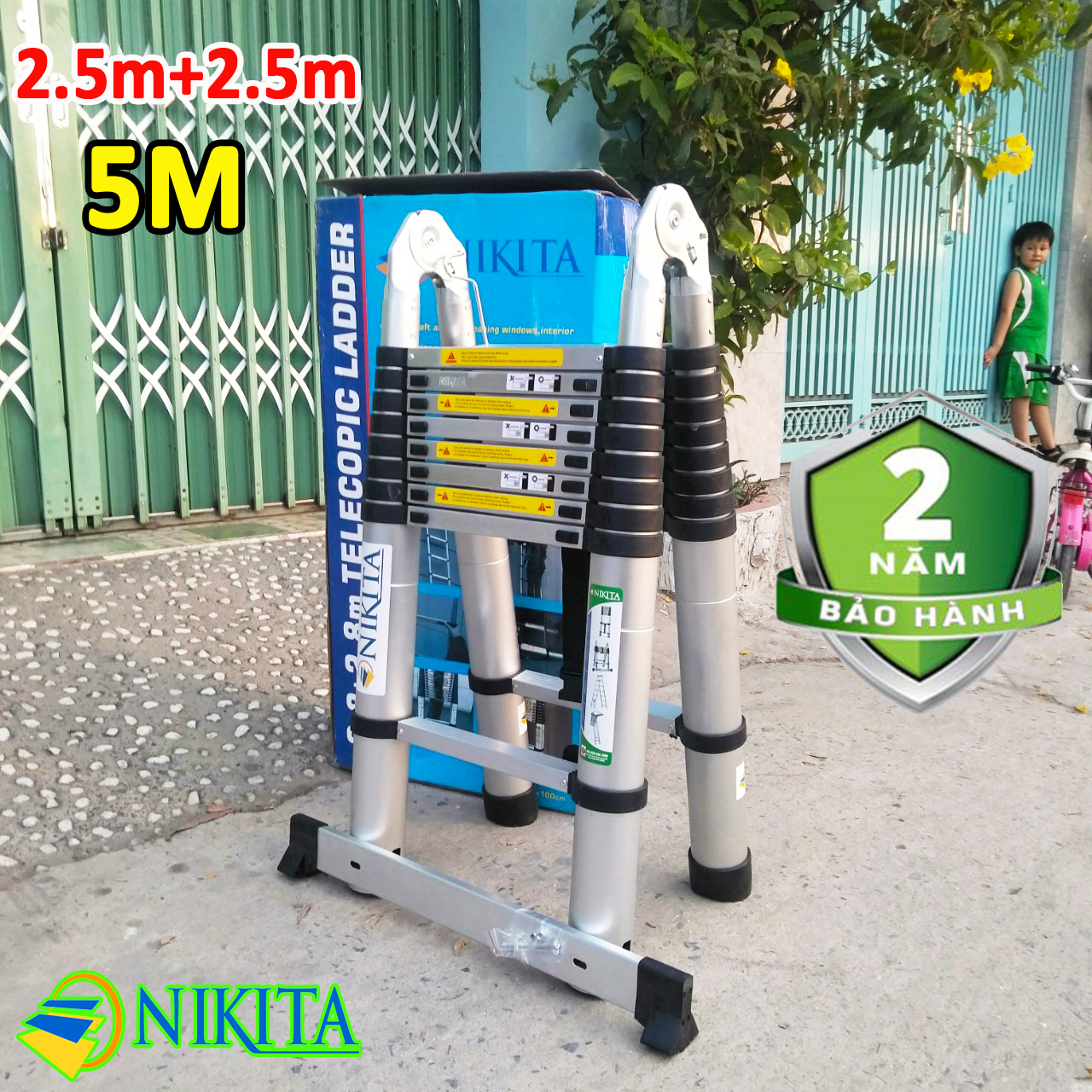 Thang nhôm rút xếp đôi NIKITA AI50 chữ A: 2.5M chữ I: 5,0m (Bảo hành 2 năm) Hàng chính hãng có logo dập nổi
