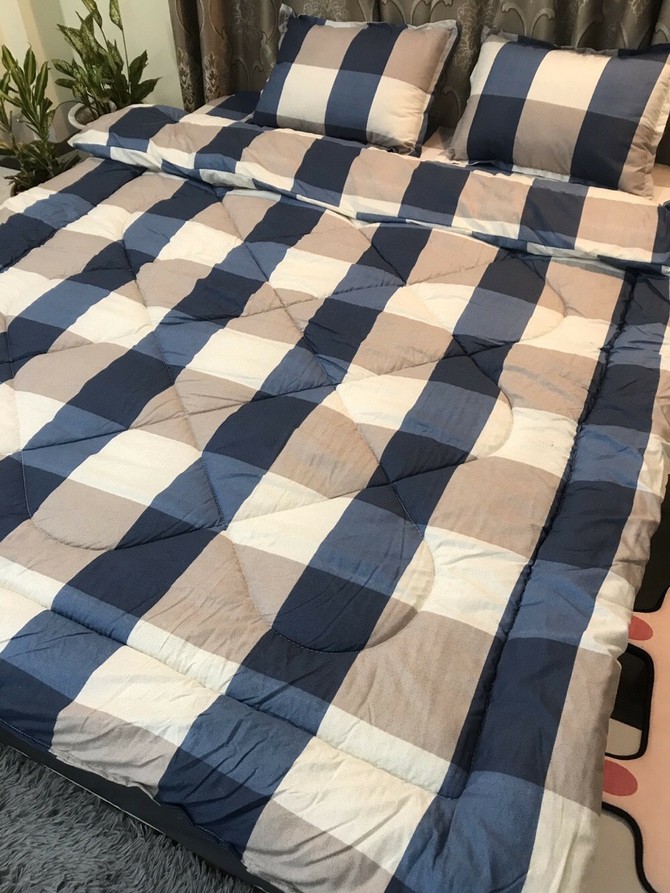 Set Chăn Phao Ga Gối 5 Món Cotton Poly, Mẫu Kẻ Bao Diêm