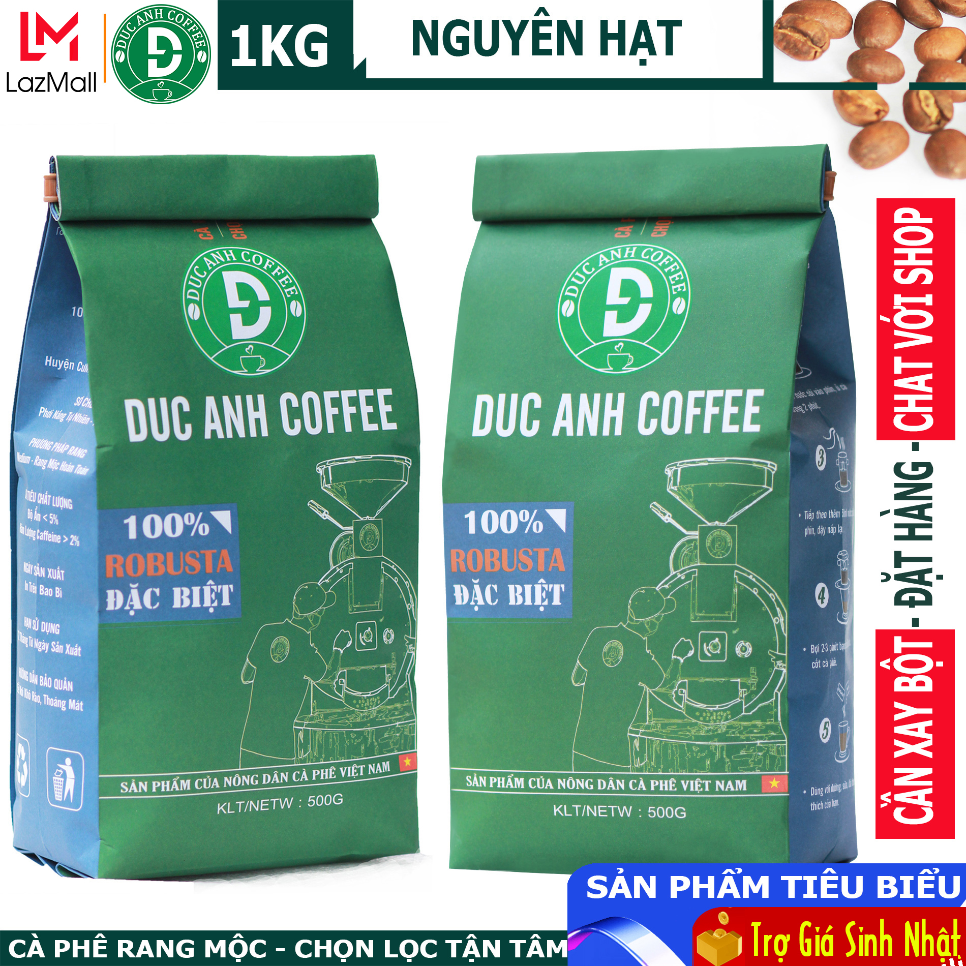 [sale trợ giá] 1kg Cà Phê Hạt rang mộc DUC ANH COFFEE  - 100% Robusta Thượng Hạng - chọn trái chín - phù hợp pha phin và pha máy - cafe hạt rang mộc - cà phê robusta