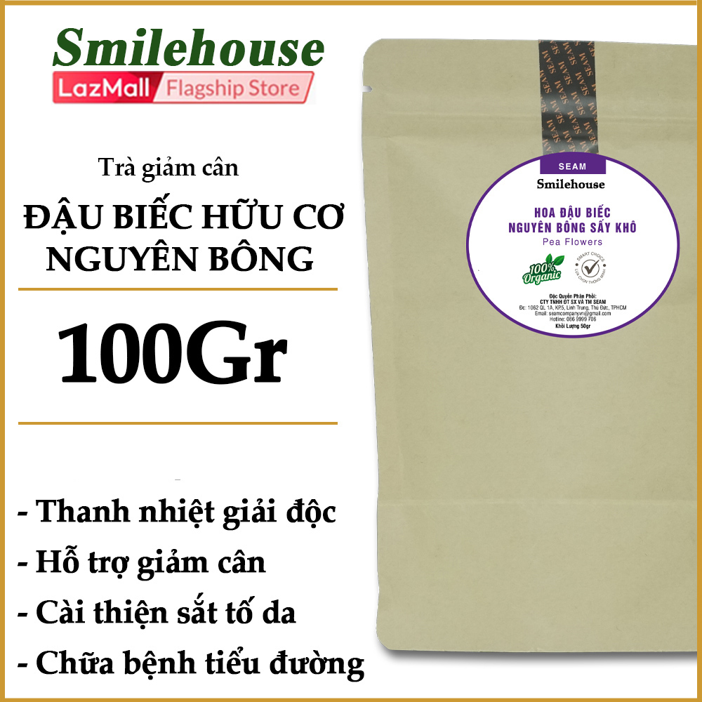 Hoa đậu biếc sấy khô nguyên bông không nát không vụn thương hiệu Smilehouse 100gr, trà thảo mộc giảm cân detox