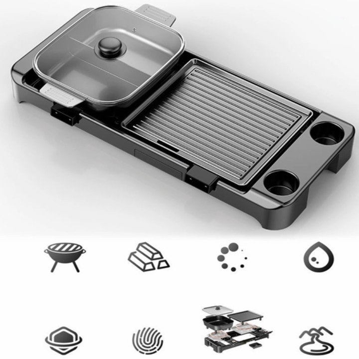 Bếp lẩu nướng 2 trong 1 cao cấp chống dính EB-8801 với 2 dây nguồn điều chỉnh nhiệt độ riêng biệt