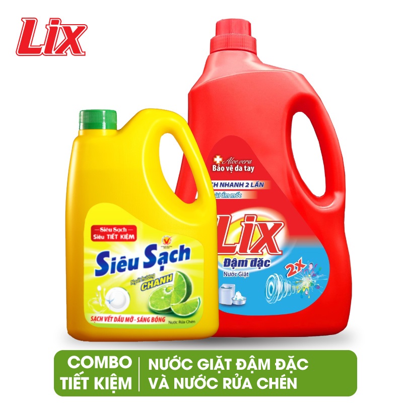 COMBO số 5 gồm Nước giặt LIX đậm đặc hương hoa 2kg NG201 + Nước rửa chén LIX siêu sạch hương chanh 1.4kg NS140