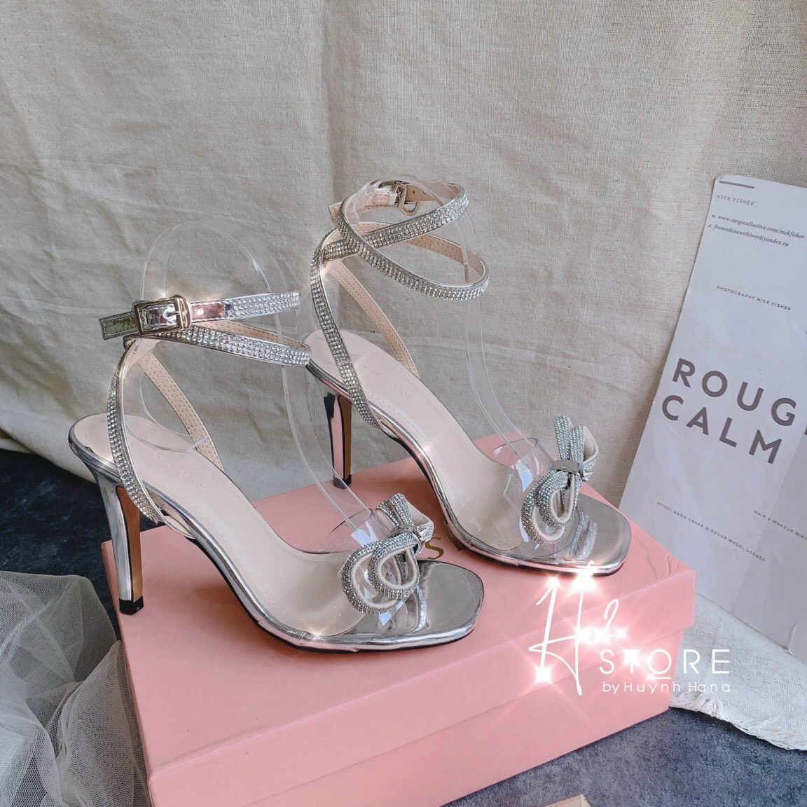 GIÀY SANDAL CAO GÓT NỮ QUAI TRONG NƠ ĐÁ HAII VÒNG ĐÁ GÓT NHỌN 9CM-664