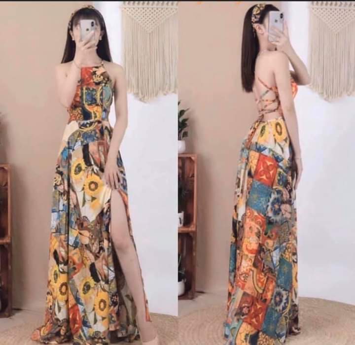 đầm maxi đi biển thổ cẩm xẻ tà