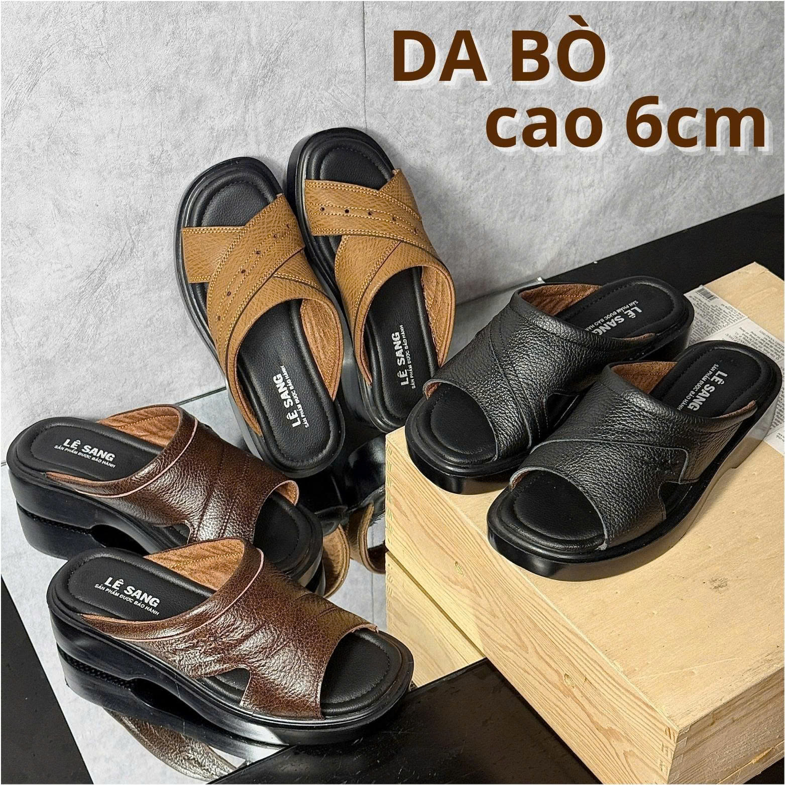  Dép nam trung niên thởi trang da bò tăng chiều cao 6cm dép tặng bố êm chân siêu nhẹ khâu chắc chắn 