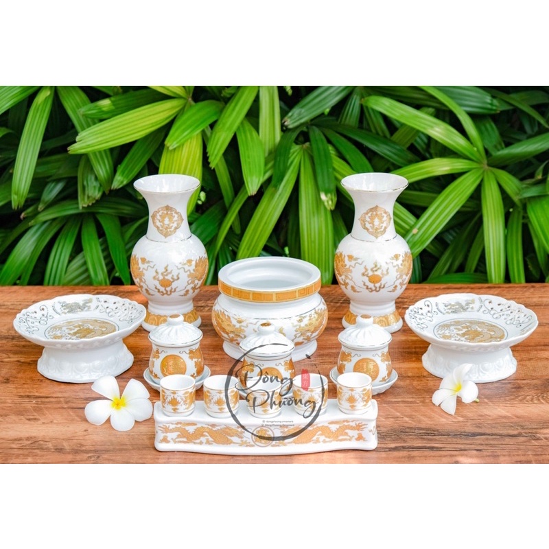 Set đồ thờ cúng thần tài thổ địa - đồ thờ phụng sứ trắng hoa văn rồng vàng cao cấp