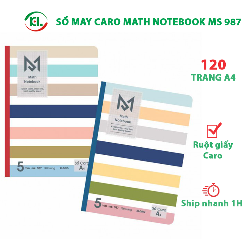 Sổ may dán gáy Caro A4 Math Notebook 120 trang Klong MS 987-VPP KLONG