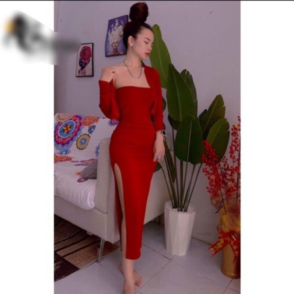 Sét đầm ống ôm body xẻ tà trơn kèm áo khoác ngoài cực xinh , chất thun gân mềm mịn ly