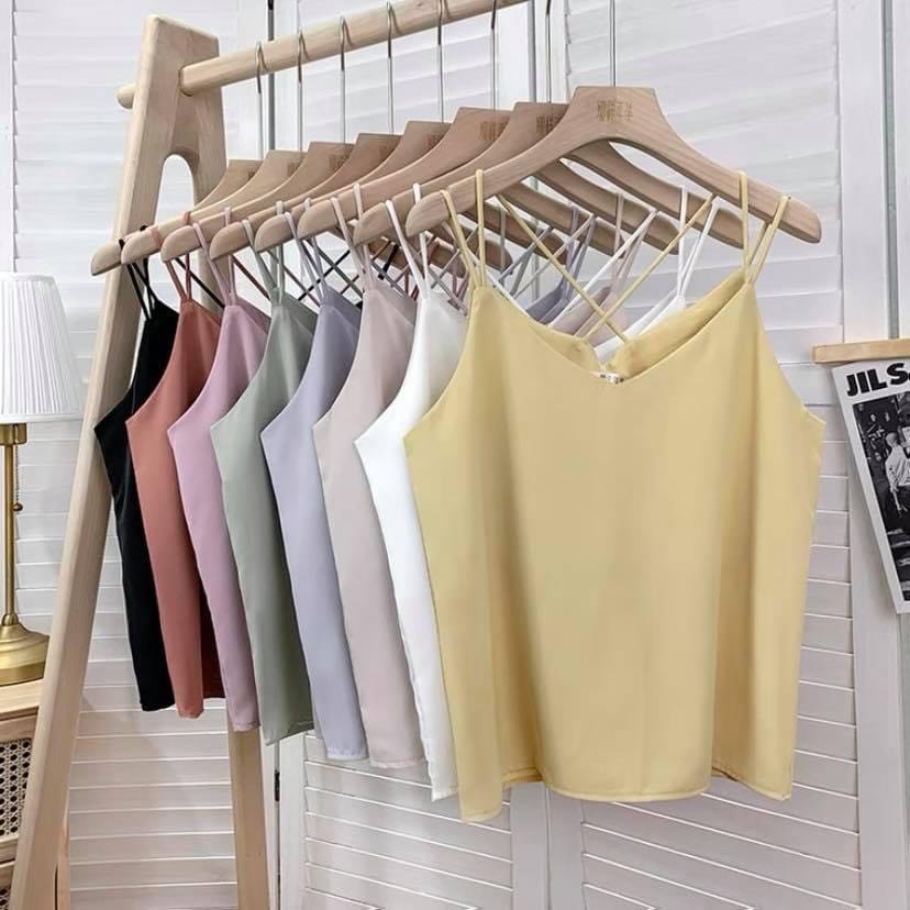 Áo hai dây nữ cổ tim vải lụa satin cao cấp