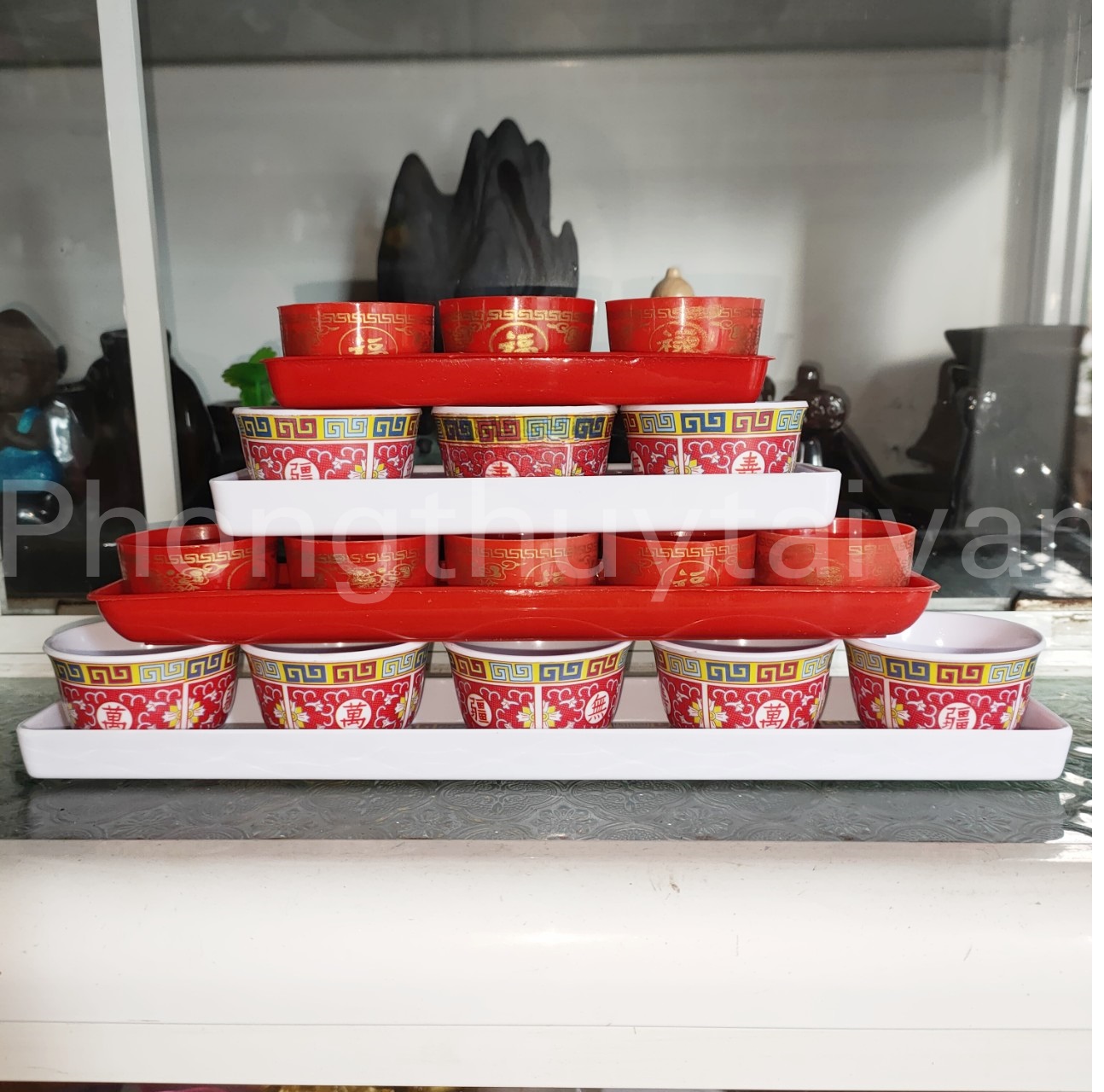 Bộ chum ly khay MICA/NHỰA ĐỎ cúng bàn thờ 3,5chum(r ượu,nước..)