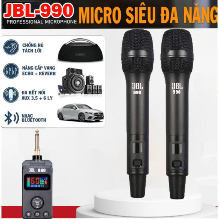 ( NEW 2024 ) Micro Karaoke JBL 990 – Micro Đa Năng Cho Loa Kéo, Ô Tô, Karaoke Gia Đình, Có Echo, Reverb, Set Tần Số Trên Mic, Phạm Vi Hoạt Động Lên Đến 10m, Mic Chống Hú, Kết Nối Bluetooth, Aux. Bảo Hành 12 Tháng