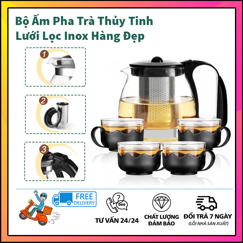 Miễn ship ấm pha trà, ấm pha trà thủy tinh, bộ bình lọc trà thủy tinh kèm 4 ly lưới lọc inox 304 tiện dụng - hàng chuẩn, uy tín 1 đổi 1