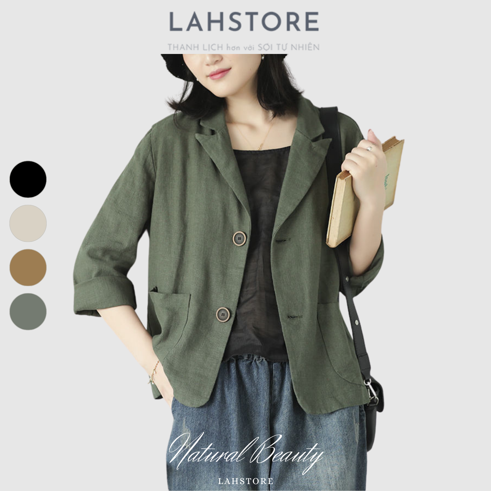 Áo blazer nữ lahstore vải linen hàn premium, hàng 1 lớp 2 túi 2 cúc trẻ trung