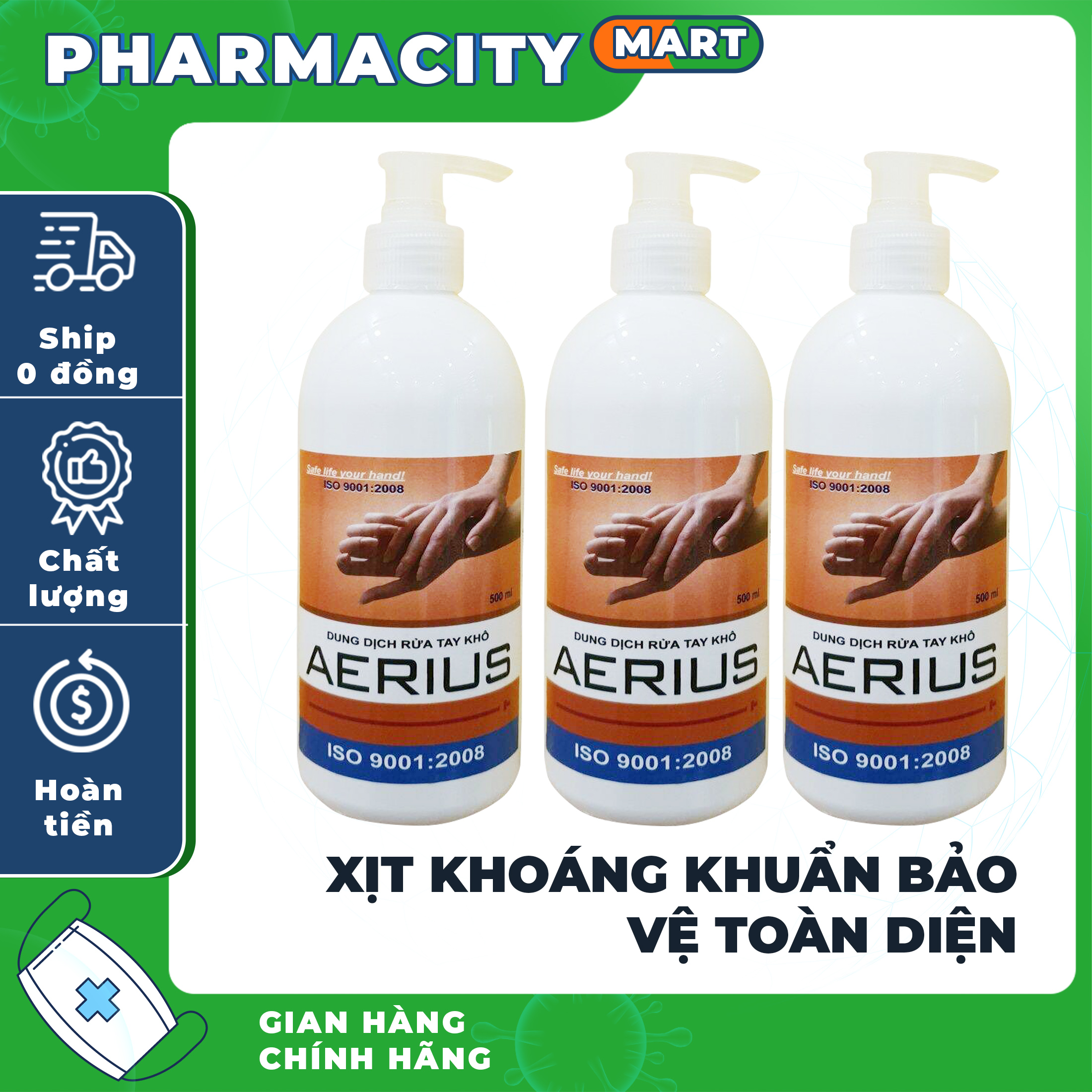 Nước xịt sát khuẩn, nước rửa tay khô sát khuẩn aerius chai 100ml- 250 ml- 500 ml