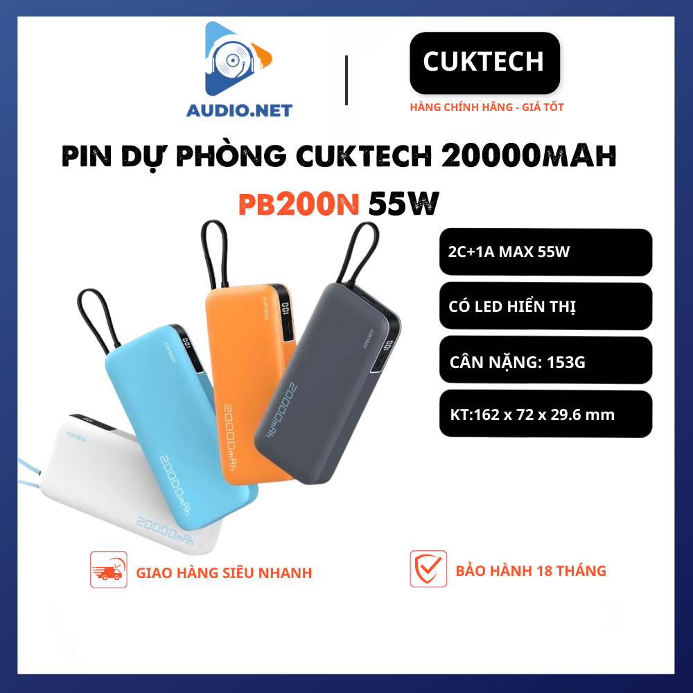 Pin Dự Phòng Cuktech 55W 20000mAh (PB200N) 2C1A Tích Hợp Dây Type-C - Bảo Hàng 18 Tháng.