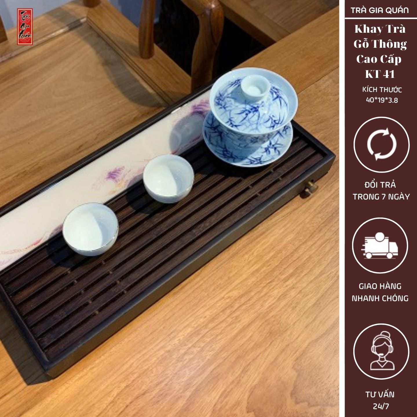 Khay trà tre cao cấp sơn thuỷ chữ nhật lớn kích thước 403.8 kt 41