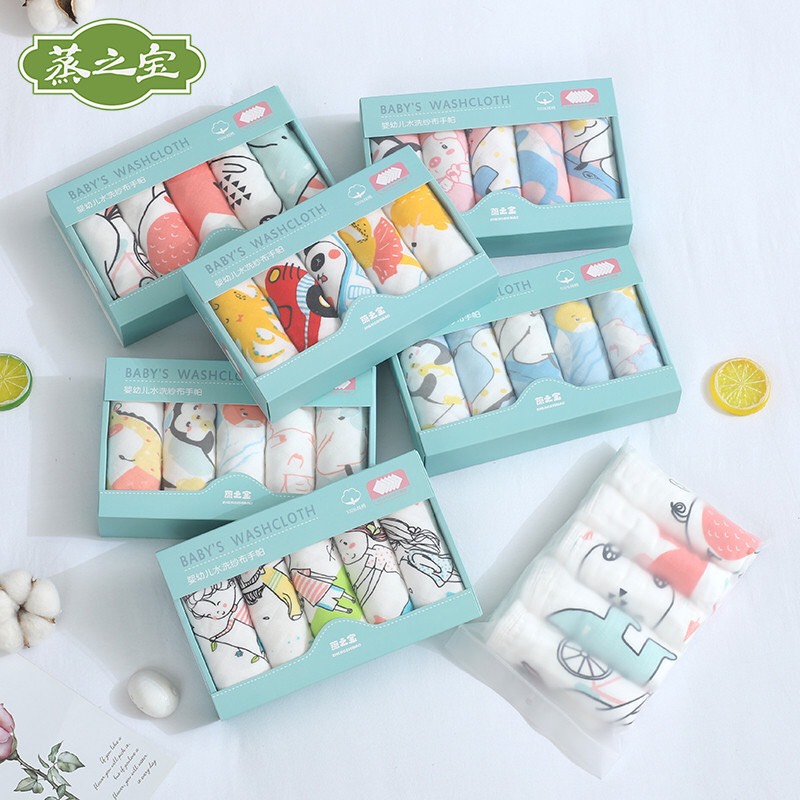 Set 5 - 6 khăn mặt xô 6 lớp kt 30x30 cm - khăn sữa cho bé - không hộp - túi zip