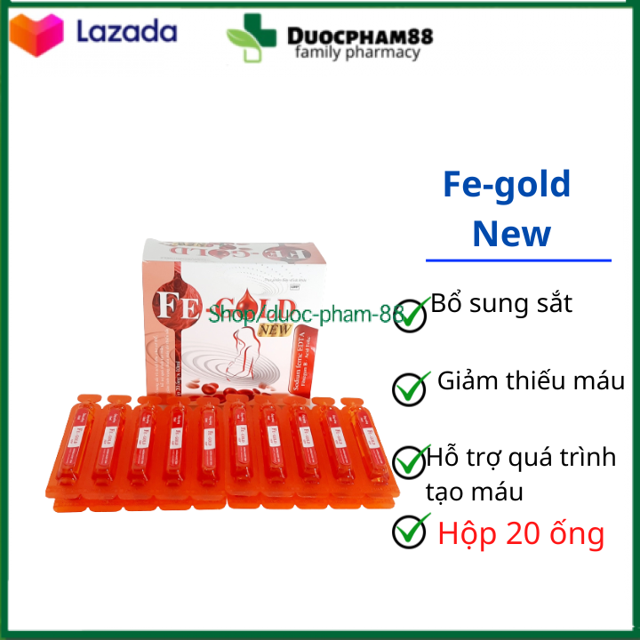 Fe-gold new bổ sung sắt và acid folic, hỗ trợ quá trình tạo máu, giảm tình trạng thiếu máu do thiếu sắt – hộp 20 ống