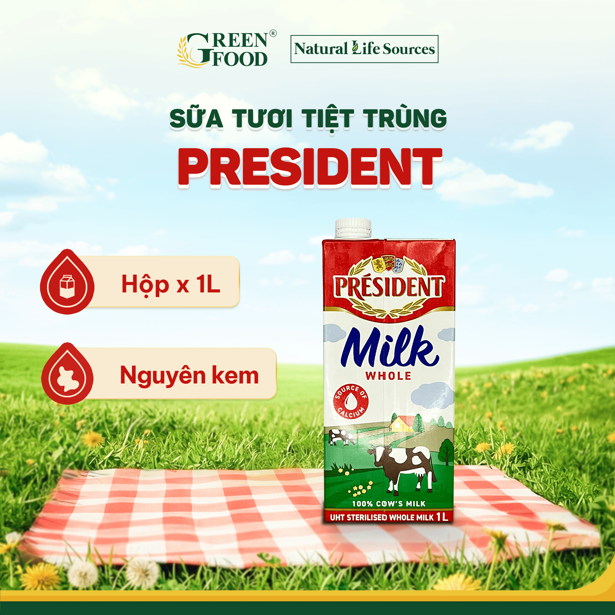 Sữa Tươi Không Đường President Whole Milk Nguyên Kem Tiệt Trùng 1L - Độ Béo Cao 3.6%, Nhập Khẩu Chính Hãng từ Châu Âu