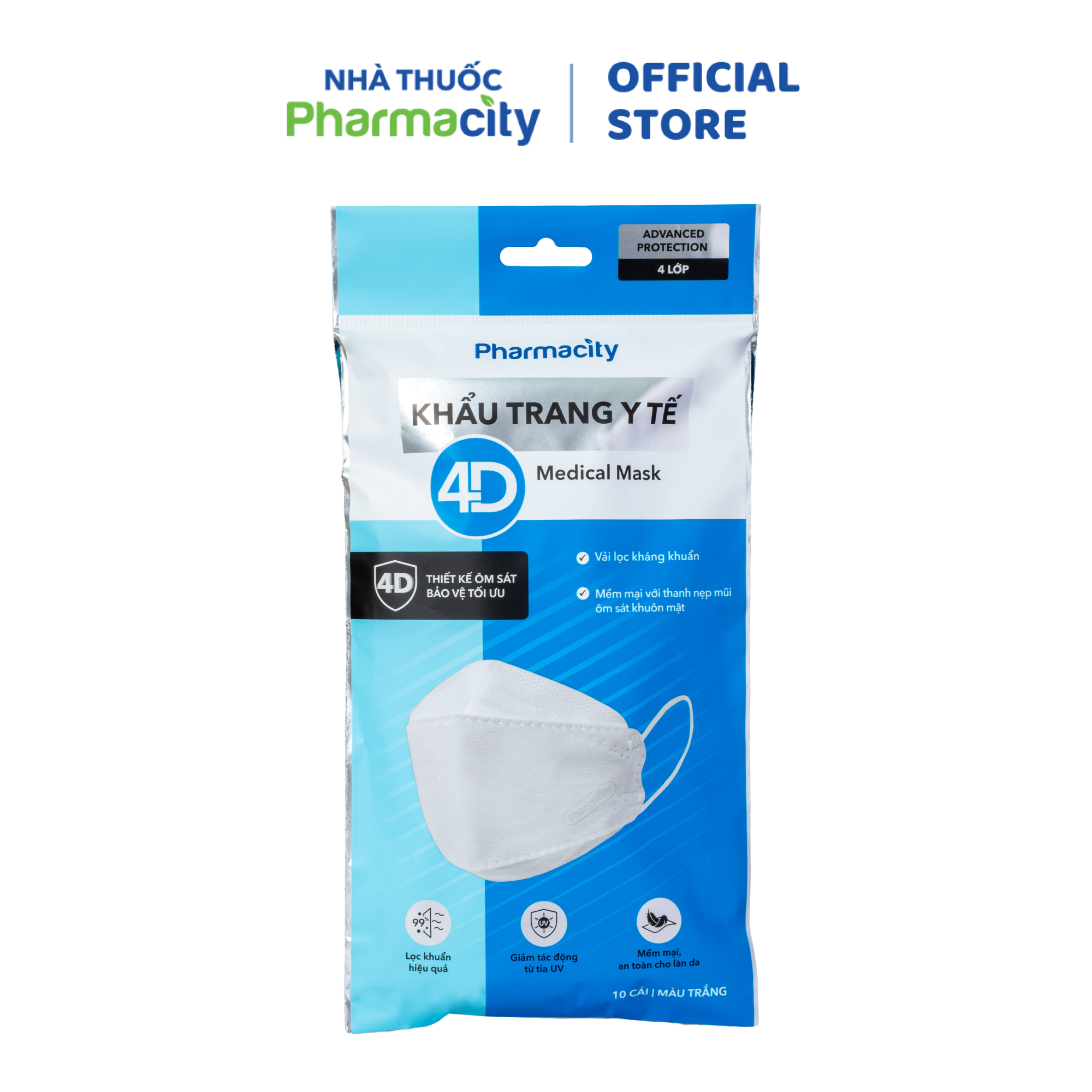 Khẩu trang y tế Pharmacity 4D Màu trắng (Gói 10 Cái)