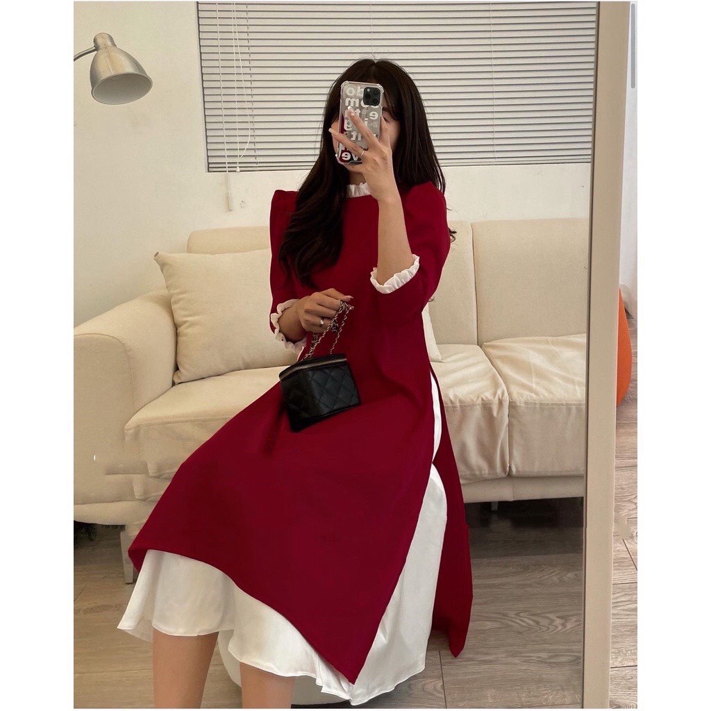 Áo dài cách tân kèm chân váy lụa trắng đỏ cổ tròn tay lỡ M155 Maia.clothes