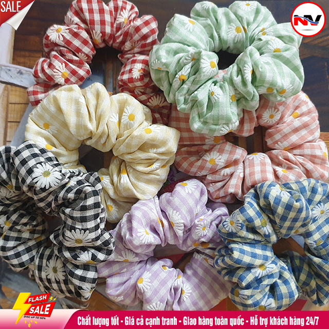 Dây buộc tóc scrunchies vải thô caro hoa cúc hàn quốc cho nữ