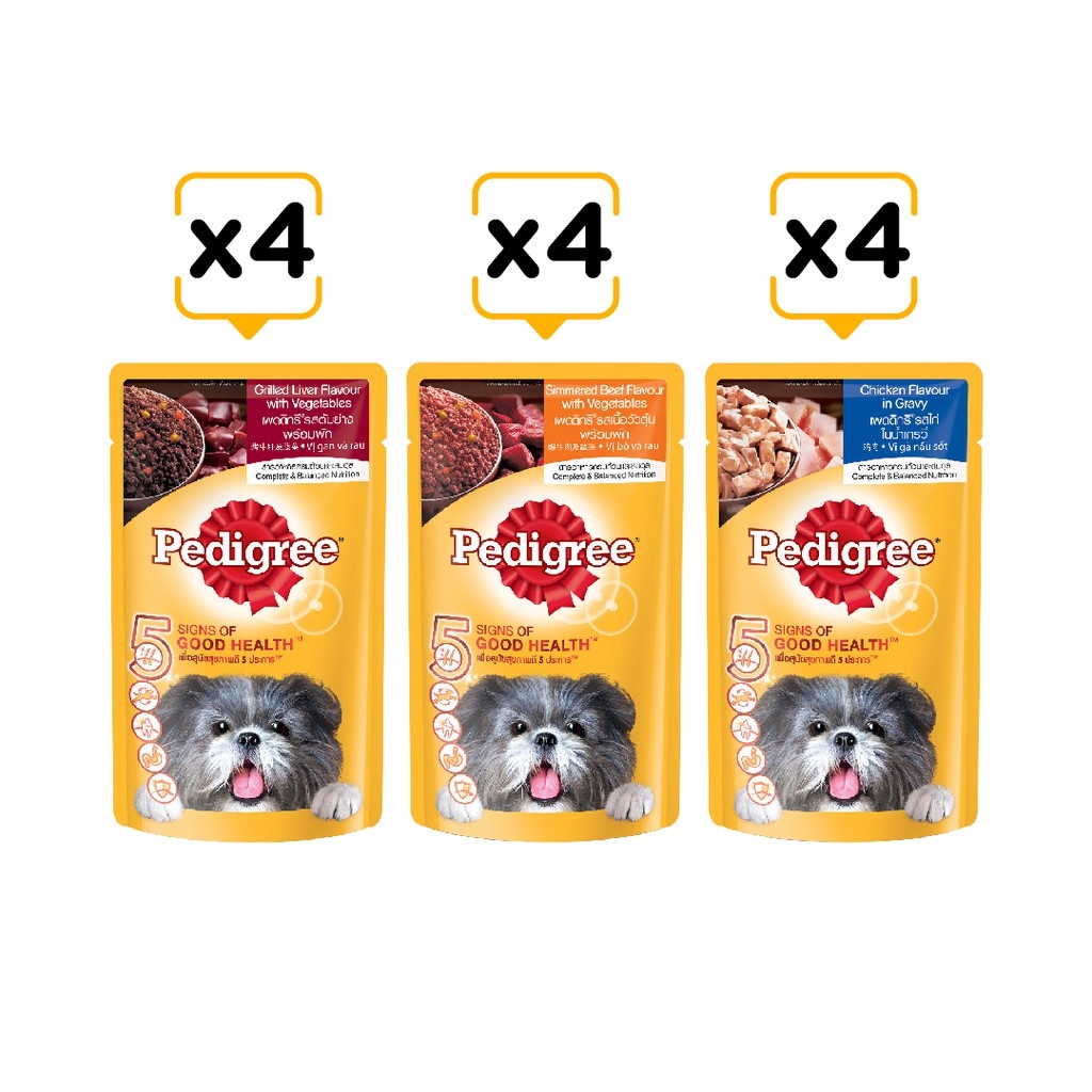 Bộ thức ăn cho chó lớn dạng sốt PEDIGREE mix 3 vị 130g - Bò hầm rau củ (4 gói) Gà nấu sốt (4 gói) Gan nướng (4 gói)