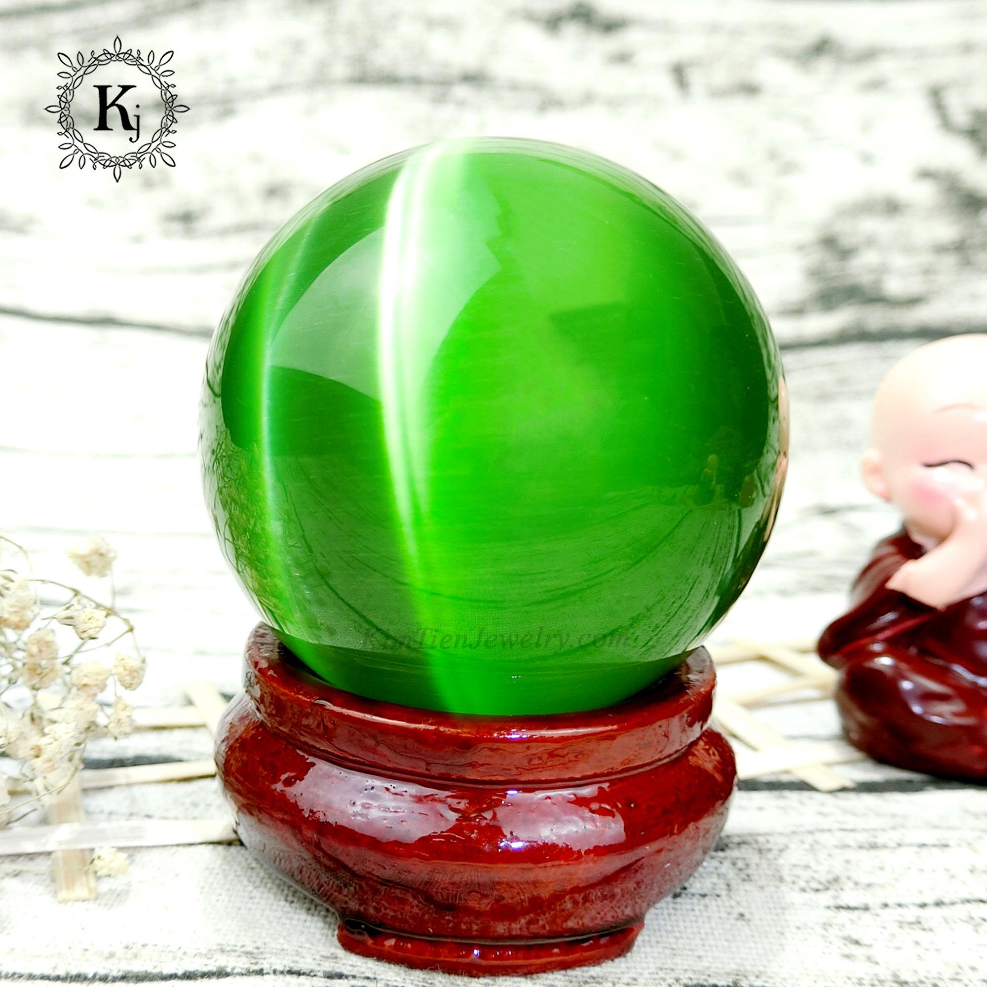 Quả Cầu Phong Thủy Mắt Mèo Xanh Lá - Hợp Mệnh Mộc , Hỏa -  Xoay Chuyển Vận Thế - Tặng Kèm Đế