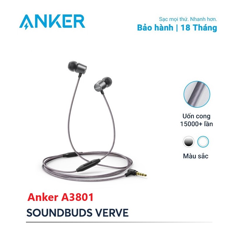 Tai nghe nhét tai có dây kèm mic SOUNDCORE SoundBuds Verve - A3801 - Âm thanh chất lượng cao thiết kế đàn hồi cải thiện khả năng cách ly tiếng ồn