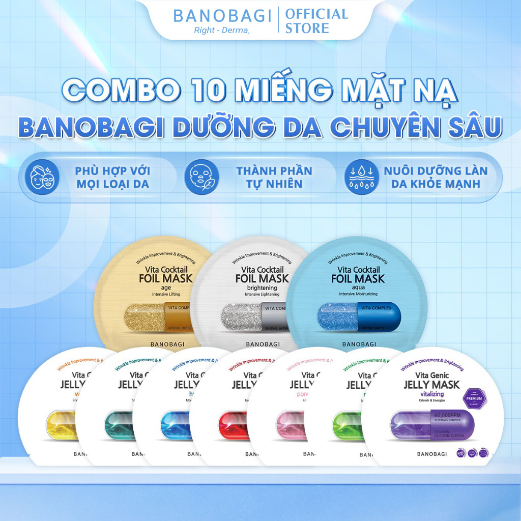 COMBO 10 Miếng Mặt Nạ BANOBAGI PREMIUM Thế Hệ Mới, Dưỡng Da Chuyên Sâu Dành Cho Mọi Loại Da 30ml