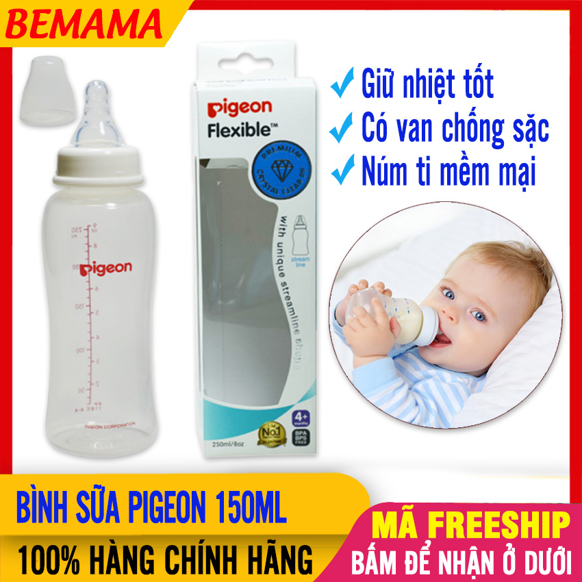 Bình Sữa Pigeon Hàng Chuẩn Số 1 Nhật Bản (150ml) Có Van Chống Sặc, Núm Ti Mềm, Chống Đầy Hơi Cho Bé - Bình Sữa Thông Hơi Cổ Rộng Cho Trẻ Sơ Sinh bemama - Bình Sữa Pigeon Streamline 150ml - 4902508266512