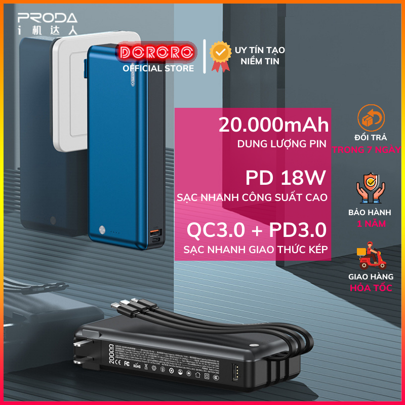 Sạc dự phòng 20000mah remax proda pd-p83 sạc nhanh pd3.0 18w + qc3.0 18w có chân cắm điện kèm 3 cáp sạc đi cùng thân sạc