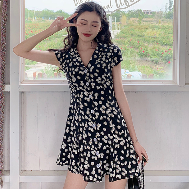 Đầm sơ mi hoa cúc xuân hè dn078 shop mai hoa, thời trang nữ mới, đầm ngắn dễ thương, phong cách retro