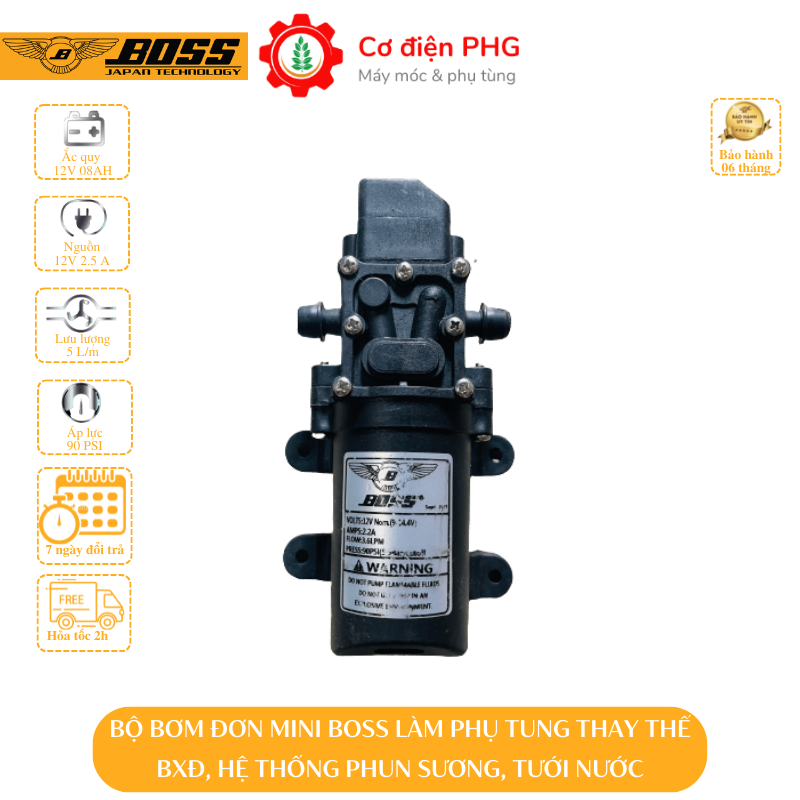 Máy bơm đơn mini phun sương hiệu BOSS chuyên dùng cho bình xịt điện, tưới cây, tưới lan, làm mát không khí | Bình xịt điện